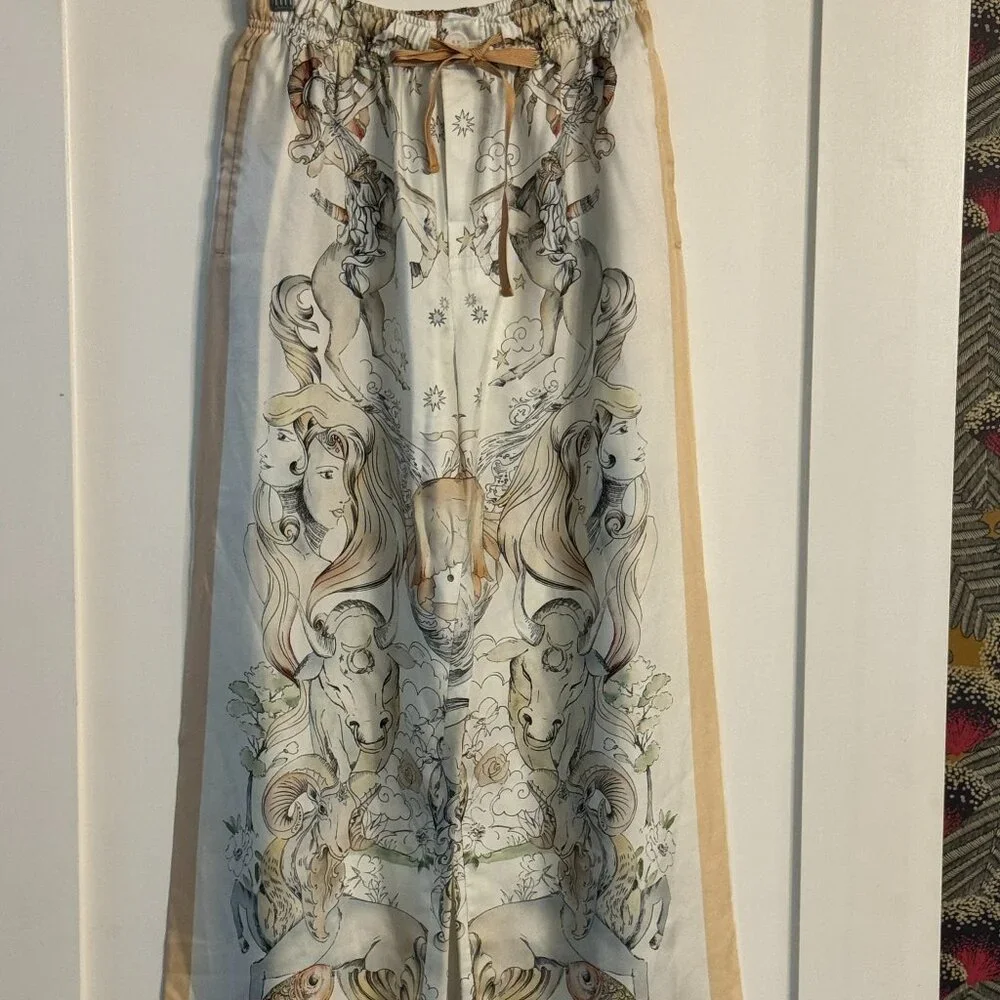 Zara Cream and Tan Illustrated Wide-Leg Trousers - Picture 1 of 6